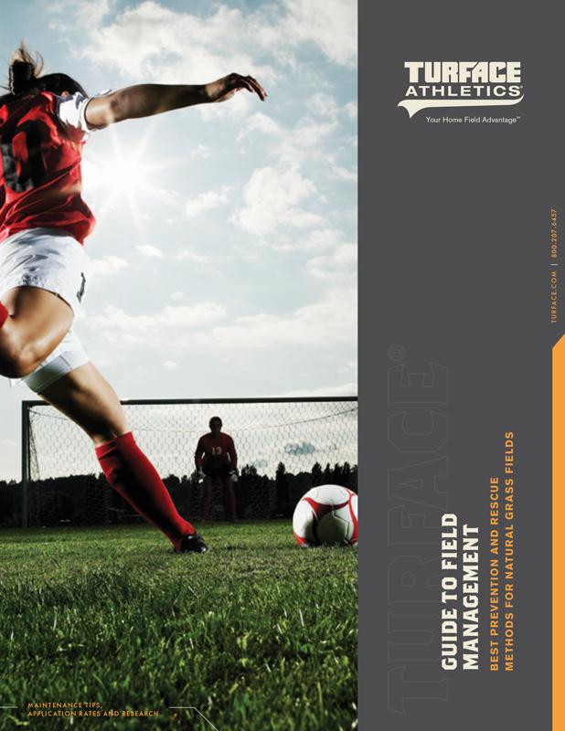 A soccer player in a red jersey kicks a ball toward a goal while a goalkeeper in black prepares to block it. The scene is on a grassy field under a partly cloudy sky. Text on the right reads Guide to Field Management..