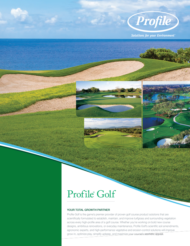 A golf course with sand bunkers, green fairways, and ponds under a blue sky. Profile Golf is written below, with company branding and text description about golf course solutions.