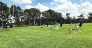 A football practice field with goalposts, training dummies, tackling sleds, cones, and players in the distance. Lush green grass and trees border the field under a partly cloudy sky.