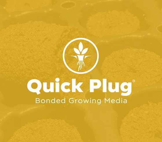 Yellow-tinted image showing plant root icon above Quick Plug Bonded Growing Media text, with round growing media plugs in the background.