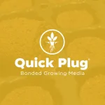 White Quick Plug Bonded Growing Media logo with a plant icon is centered over a yellow-tinted background showing round seed plugs in planting trays.