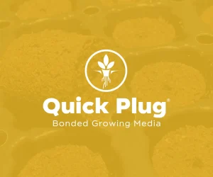 White Quick Plug Bonded Growing Media logo with a plant icon is centered over a yellow-tinted background showing round seed plugs in planting trays.