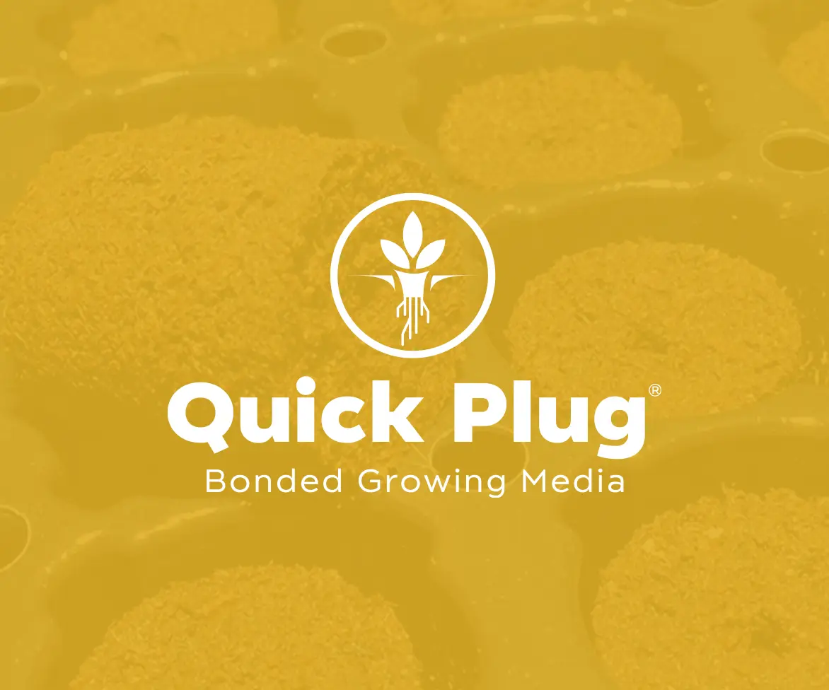 White Quick Plug Bonded Growing Media logo with a plant icon is centered over a yellow-tinted background showing round seed plugs in planting trays.