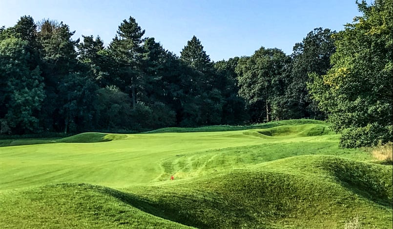 A golf course with rolling green hills, sand bunkers, and dense trees in the background under a clear blue sky.