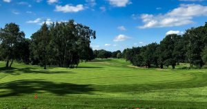 A lush green golf course with striped fairways, bordered by trees under a blue sky with scattered clouds. A small red marker is visible in the grass in the foreground.
