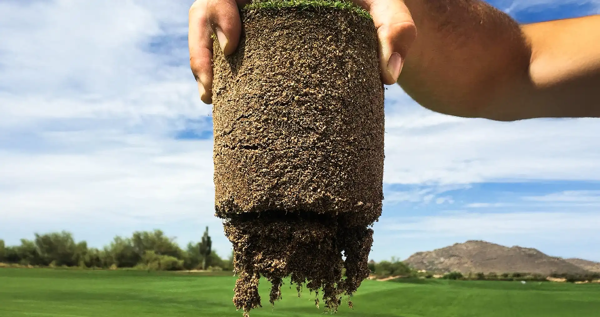 A hand holds up a cylindrical soil core with grass on top and roots hanging from the bottom. A golf course and distant hills are visible in the background under a blue sky.