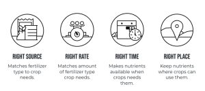 Four icons illustrate Right Source, Right Rate, Right Time, and Right Place for fertilizer use, each with a related image and brief description below to show best nutrient management practices.