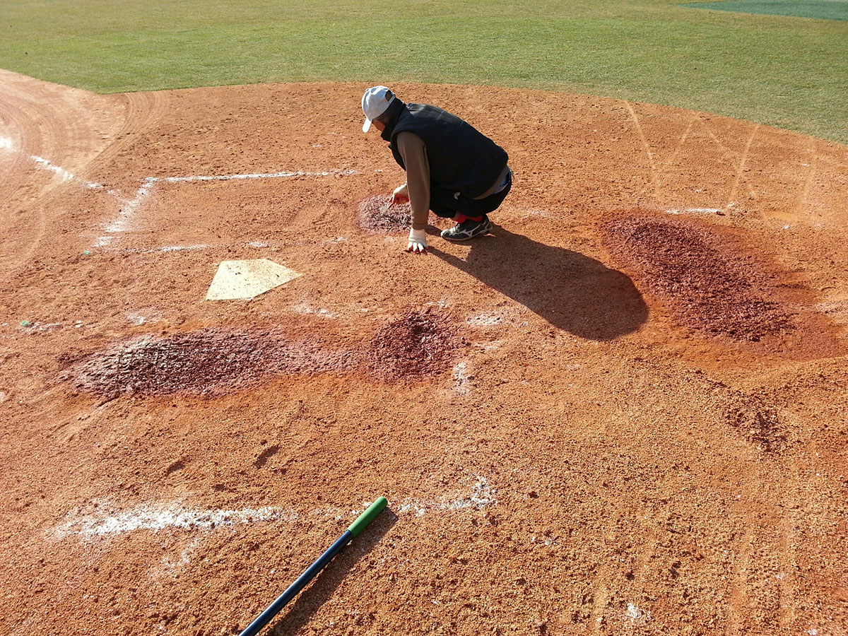 A person crouches on a baseball field near home plate, possibly preparing or inspecting the ground. A bat lies on the dirt nearby.