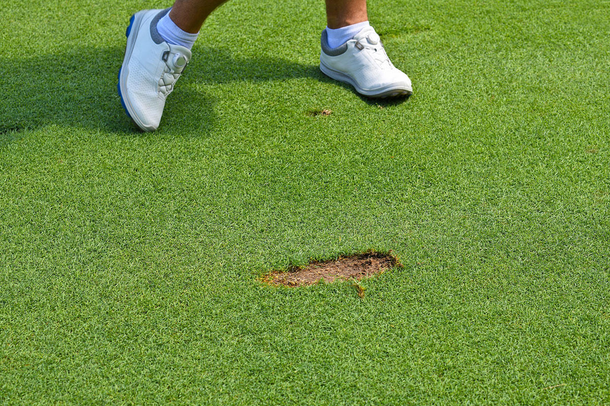 A person wearing white shoes stands on green grass next to a divot, a patch where turf has been removed, likely on a golf course.