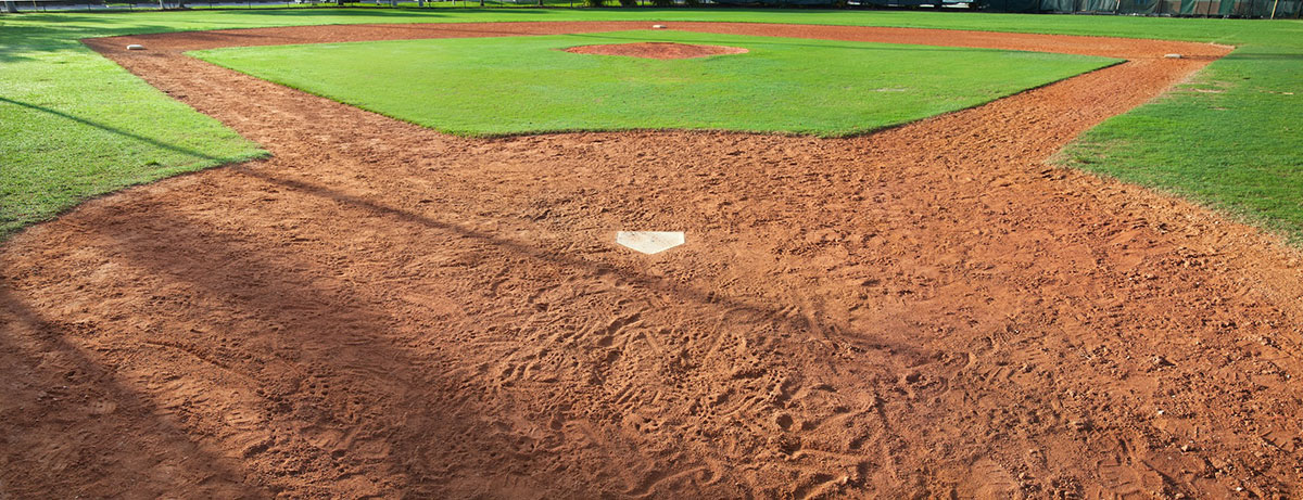 A baseball field with home plate in the foreground, reddish dirt base paths, and green grass covering the pitchers mound and outfield under bright sunlight.