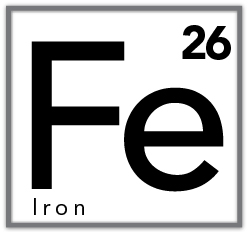 Periodic table style icon showing Iron (Fe), atomic number 26.