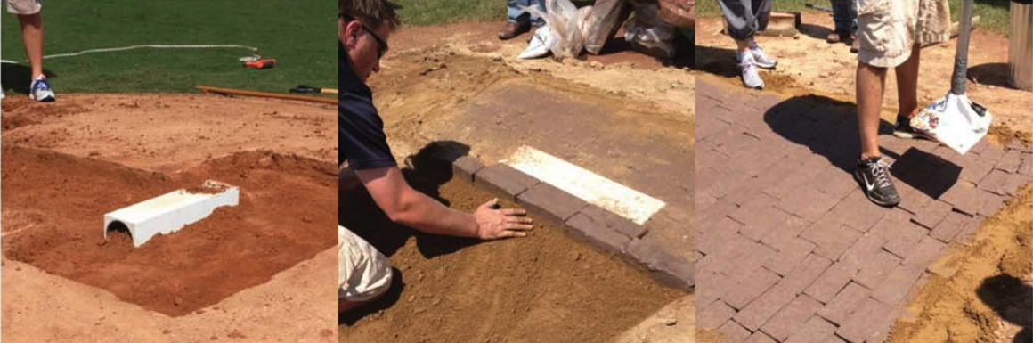 Three images show steps of installing a drainage system under a brick pathway: a drain is placed, bricks are laid on sand, and sand is swept over the finished path. Only peoples legs and hands are visible.