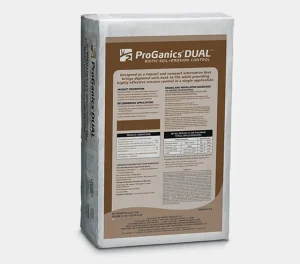 A white bag of ProGanics DUAL Biotic Soil and Erosion Control with detailed product information and application guidelines printed on the brown front label.
