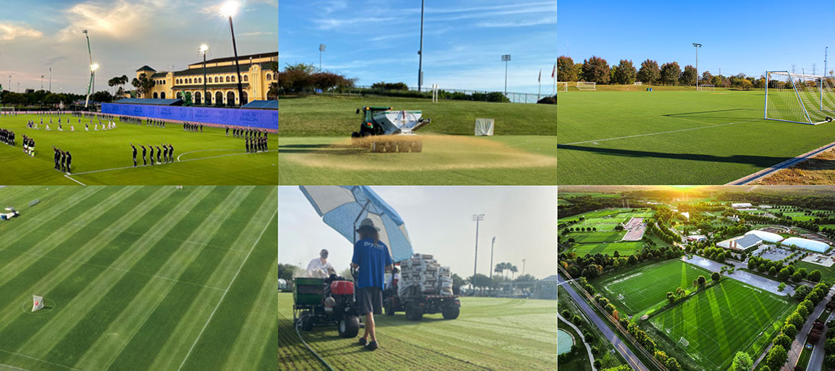 A collage of six images featuring well-maintained outdoor soccer fields, groundskeepers working, mowing, and an aerial view of fields with clear lines, goals, and green grass under various lighting conditions.