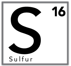 Periodic table style icon showing Sulfur (S), atomic number 16.