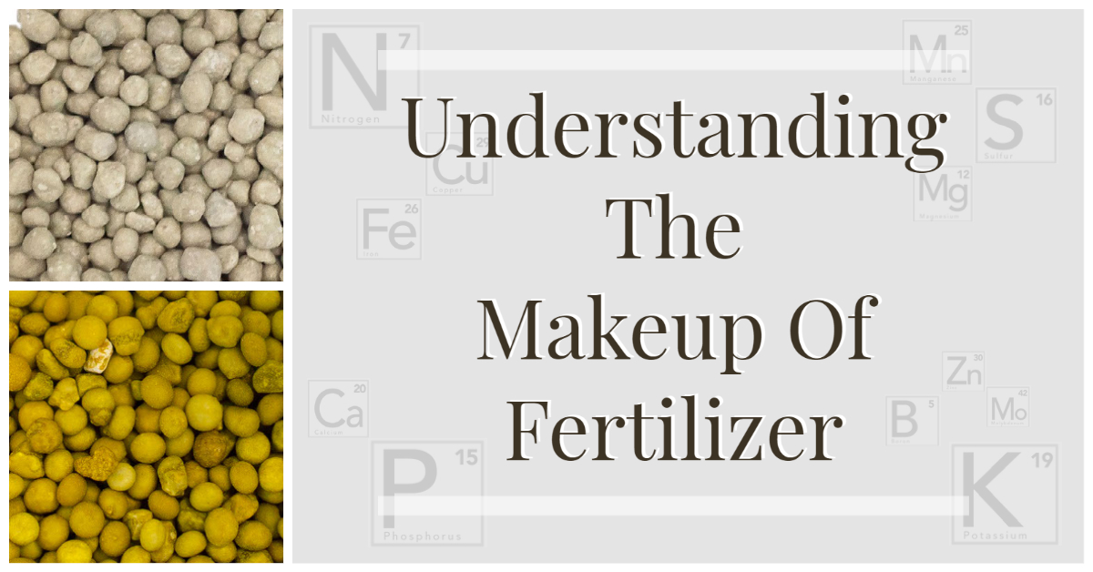 Understanding the Makeup of Fertilizer graphic featuring close-up images of fertilizer pellets and faint periodic table element symbols in the background.