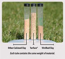 Three clear tubes with black caps, each containing the same weight of different materials: other calcined clay, Turface, and vitrified clay, showing varying fill levels for each material.