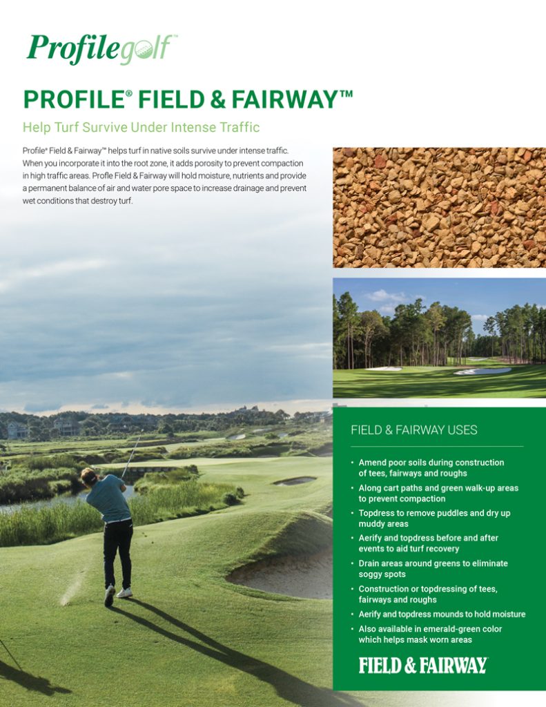 A golfer swings on a green golf course under a blue sky. Boxes highlight brown granular turf product, tall pine trees, and a list of field and fairway uses for turf maintenance.