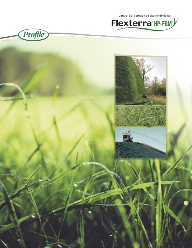 Close-up of green grass in the foreground, with three smaller images showing grass maintenance, a patch of grass, and machinery on a grassy field. Text includes Flexterra HP-FGM and Profile..