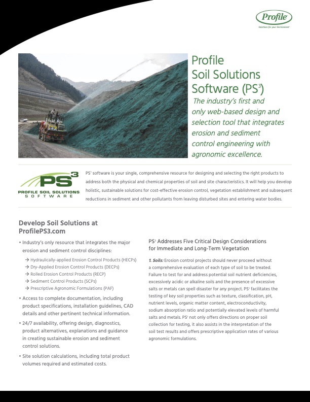 A brochure for Profile Soil Solutions Software (PS³) highlighting its web-based design for erosion and sediment control with agronomic excellence. It features a mountain construction scene and text about PS³ benefits and features.
