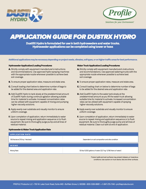 A blue and white application guide for DustRX Hydro, detailing hydroseeder application, mixing instructions, and a chart for product rates. Profile Products logo is at the top right.