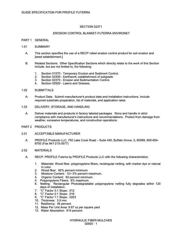 A specification sheet detailing the use, submittals, and manufacturers of Futerra erosion control blanket for soil erosion, including application instructions and product data. Text-heavy layout, black text on white background.