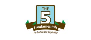 Logo with THE 5 Fundamentals in a large outlined box, and For Sustainable Vegetation written below on a ribbon, with green triangles on each side, on a white background.