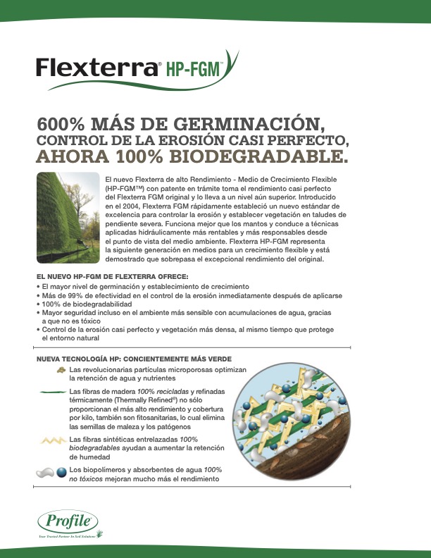Promotional flyer for Flexterra HP-FGM in Spanish, highlighting 600% more germination, erosion control, 100% biodegradable, technical info, product benefits, and diagrams for soil application.