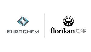EuroChem logo with a blue geometric symbol and text, and Florikan CRF logo with a black circular floral design and text, both on a white background.