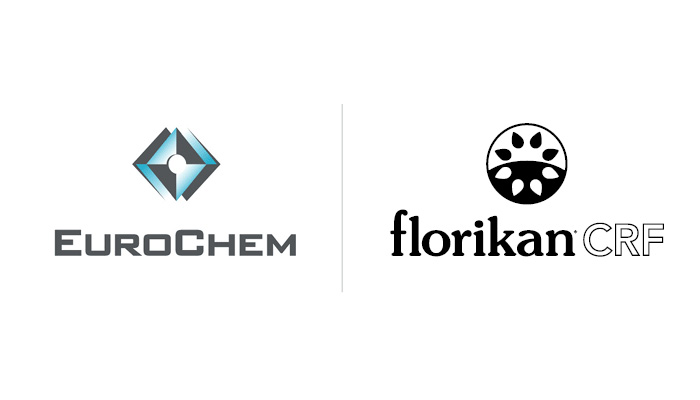EuroChem logo with a blue geometric symbol and text, and Florikan CRF logo with a black circular floral design and text, both on a white background.