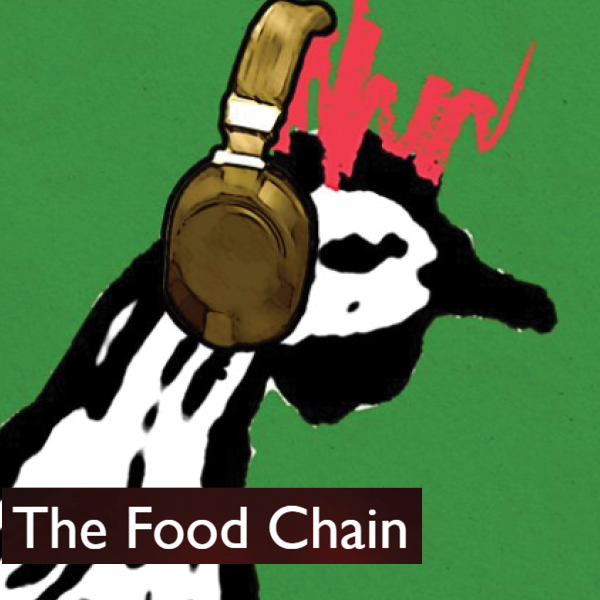 A stylized zebra wearing large gold headphones on a green background, with red paint strokes and the words The Food Chain at the bottom.