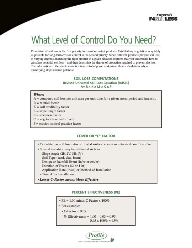 A fact sheet from Profile Products explains soil loss, cover (C) factor, and percent effectiveness (PE) with formulas, criteria, and guidance on erosion control product selection. Text and a green-bordered box are present.