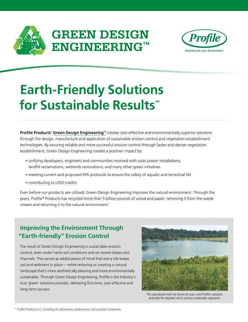 An informational flyer about Green Design Engineering, highlighting earth-friendly erosion control solutions and their benefits, including environmental protection, sustainability, and improved revegetation for land reclamation projects.
