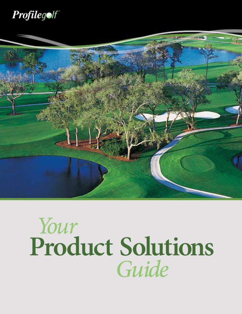 A golf course with water features and sand traps is shown above text reading Profilegolf: Your Product Solutions Guide in green and black font on a light background.