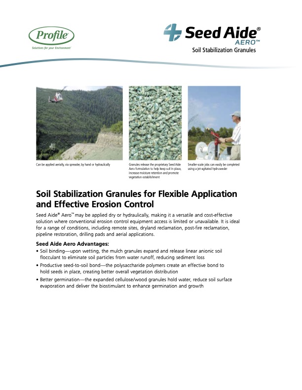 A product flyer for Seed Aide Aero, showing granules for soil stabilization, images of application methods, and a list of product benefits, including soil binding, improved water retention, and ease of use.