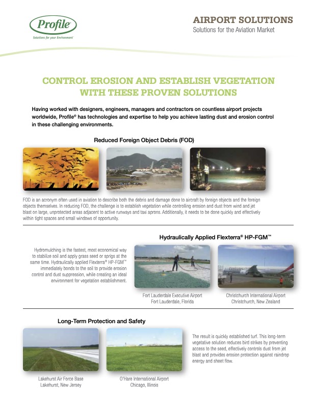 An informational flyer for Profiles airport solutions, featuring text about erosion control, three case study images, and section headers: Reduced Foreign Object Debris (FOD), Hydraulically Applied Flexterra HP-FGM, and Long-Term Protection and Safety.