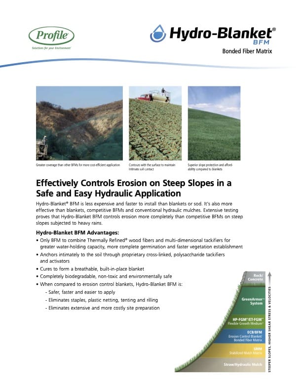 A brochure page for Hydro-Blanket BFM shows erosion control on a steep slope, lists benefits, includes company logos, and features a chart comparing erosion control products.