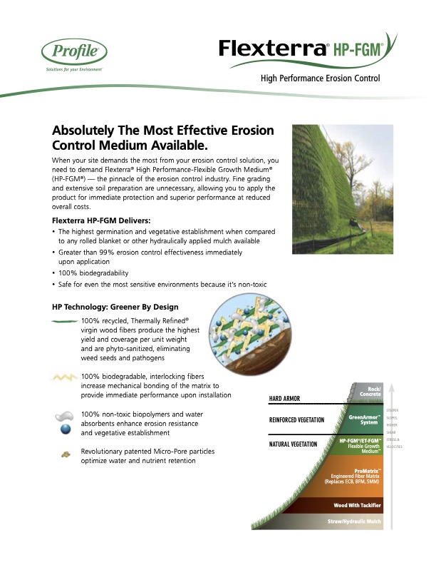 A brochure for Flexterra HP-FGM erosion control, highlighting its high performance, sustainable design, benefits, and a color chart comparing product types for erosion control and vegetation establishment.