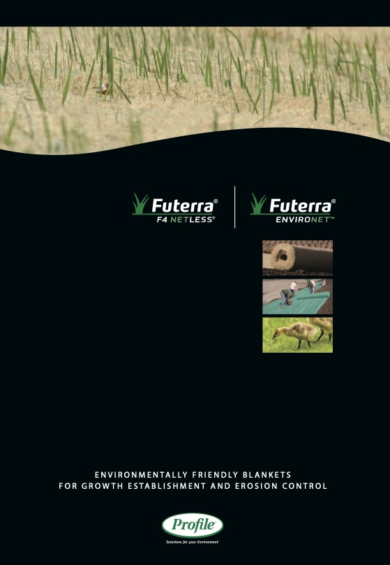 Sparse grass growing in sand, two product logos (Futerra F4 Netless and Futerra Enviromat), small images of grass and a deer, and text promoting environmentally friendly erosion control blankets.