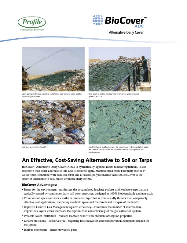 A product brochure shows landfill photos with and without BioCover ADC, a spray truck applying cover, product close-ups, and captions, plus text outlining its advantages as an alternative daily landfill cover.