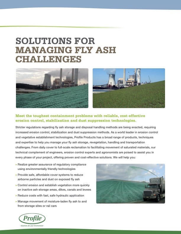 A brochure page titled Solutions for Managing Fly Ash Challenges shows industrial plants, fly ash containment, and erosion control methods, with text detailing solutions and benefits for handling fly ash.