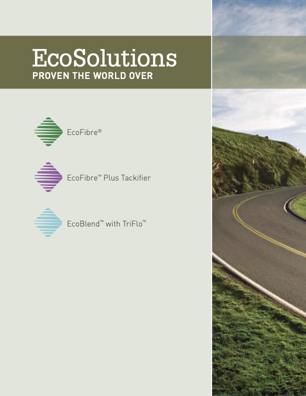 Brochure page showing a winding road by grassy hills, with text listing EcoFibre, EcoFibre Plus Tackifier, and EcoBlend with TriFlo as EcoSolutions products.