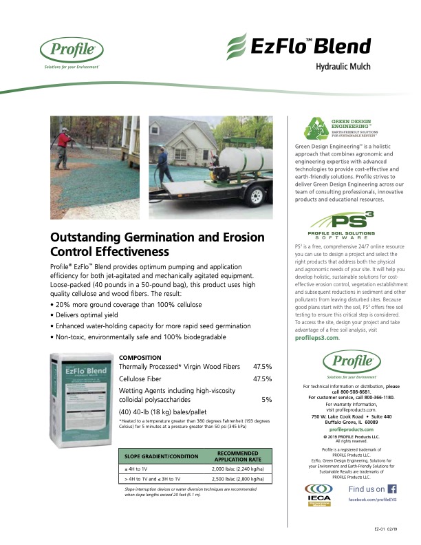 A brochure for EzFlo™ Blend Hydraulic Mulch features a truck spraying mulch, product info, environmental benefits, an image of the product bag, and technical specifications in green and white colors.