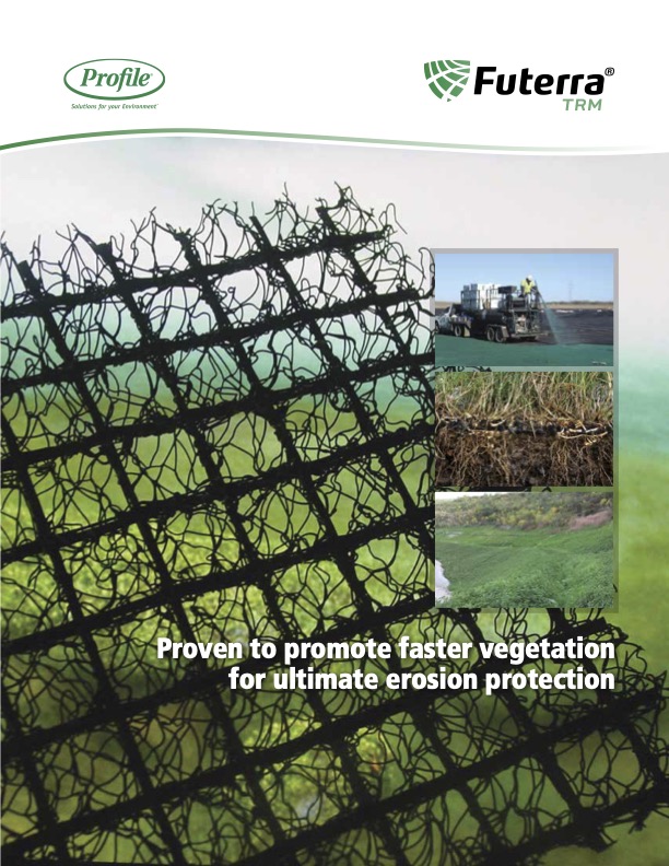 Close-up of a black netted erosion control mat with three small photos showing installation, soil, and greenery, plus text: Proven to promote faster vegetation for ultimate erosion protection..