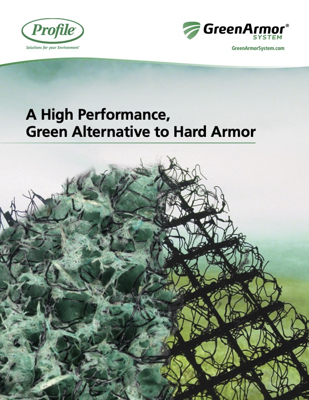 GreenArmor product sample showing a green, fibrous mat compared to black, rigid mesh. The text says, A High Performance, Green Alternative to Hard Armor. Profile and GreenArmor logos are displayed at the top.