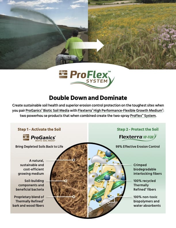 Infographic showing ProFlex System with soil activation and erosion control steps: ProGanics for soil health and Flexterra HP-FGM for erosion control. Includes diagrams, product descriptions, and seedling/soil imagery.