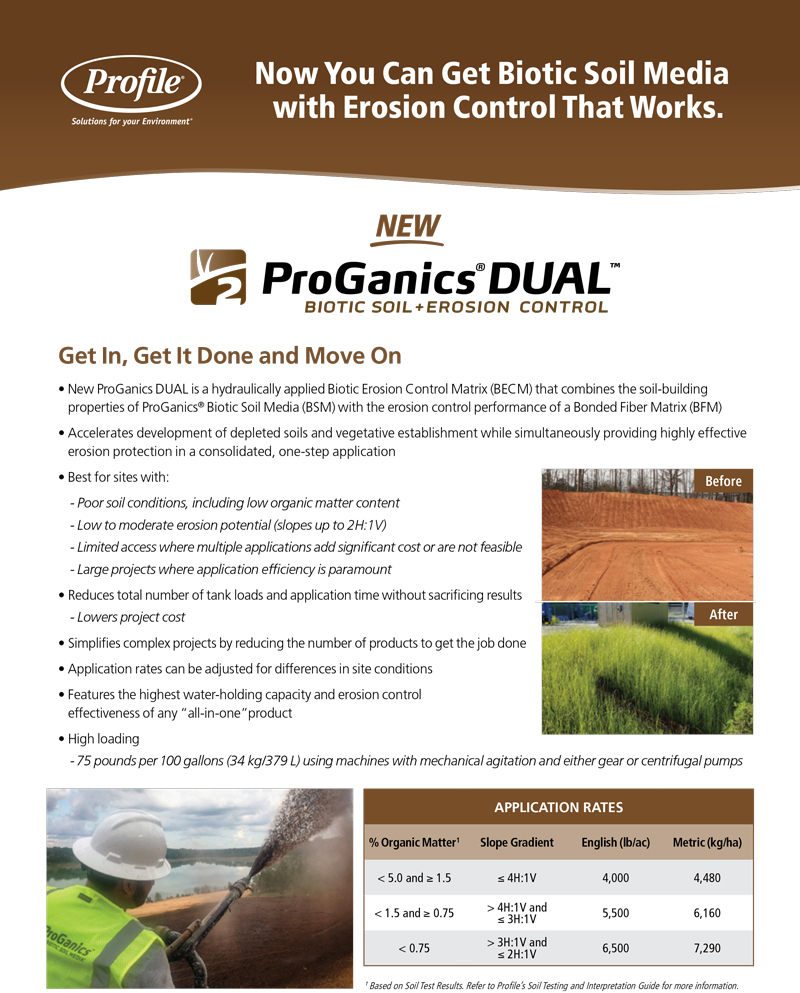 Promotional flyer for ProGanics DUAL biotic soil and erosion control with product features, benefits, and a comparison table. Header includes company logo and slogan.