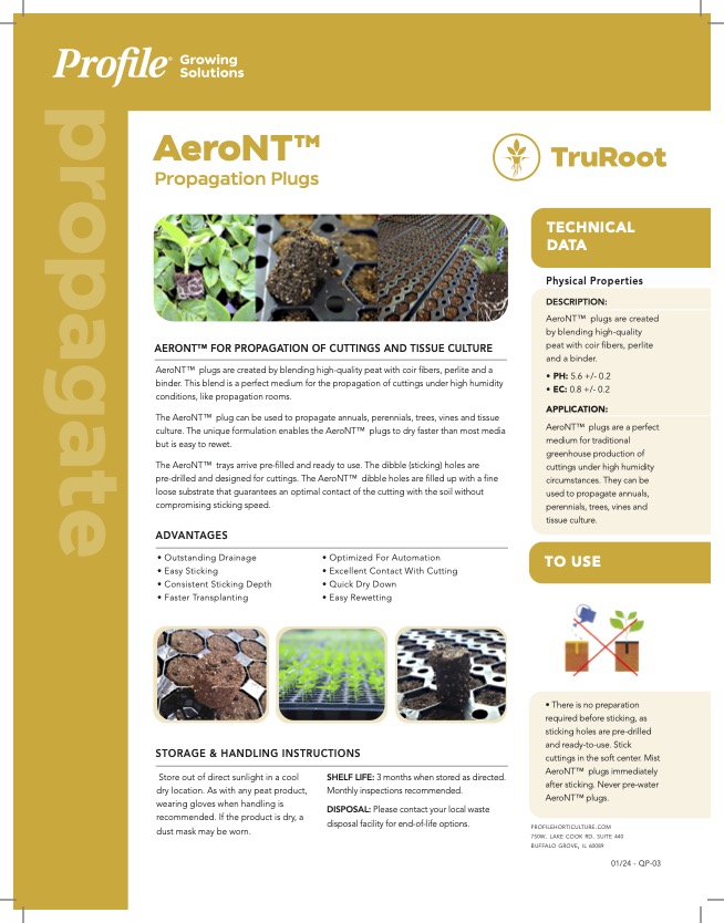 Product info sheet for AeroNT propagation plugs by TruRoot, listing features, advantages, storage info, and physical properties for use in plant cuttings and tissue culture.