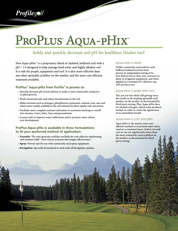 A golf course with text overlay promoting ProPlus Aqua-pHix, a soil treatment for turf. Text highlights its safety, effectiveness, cost efficiency, and suitability for golf courses and sports fields.