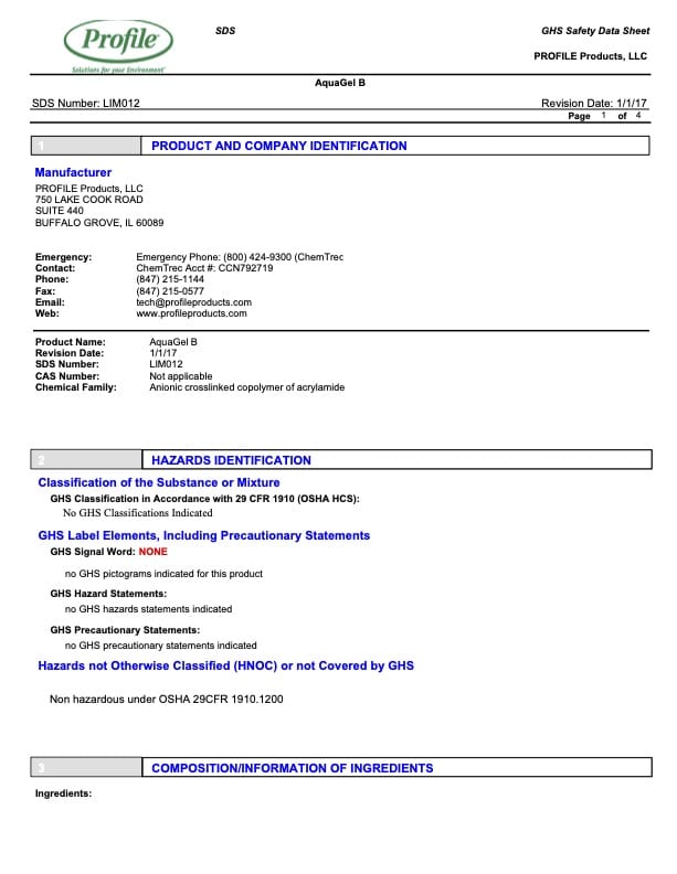 A safety data sheet document for AquaGel B by PROFILE Products, LLC, showing company info, product identification, hazards, emergency phone, and classification details. Text is organized in blue-bordered sections.